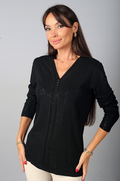 By Saygı Women's V-Neck Long Sleeve Blouse with Shiny Fabric and Stone Embell...