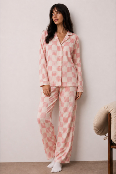 FİT WOMEN Women's Buttoned Winter Home Pink Pajama Set