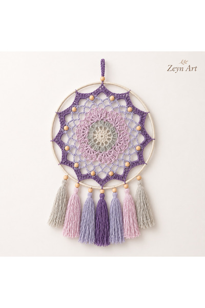 Zeyn Art El Yapımı Makrome Düş Kapanı Bohem Duvar Süsü Ahşap Boncuklu Püsküll...