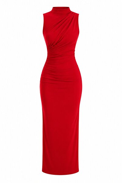 Laluvia Red Draped Slit Midi Dress - 2Y4114
