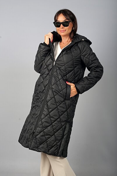 By Saygı Women's Zip-Front Hooded Long Puffer Coat with Side Slits