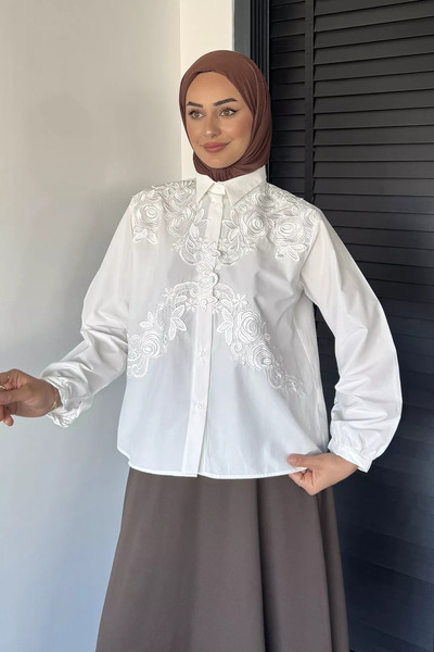 TOZLU Cream Embroidered Long Sleeve Hijab Shirt