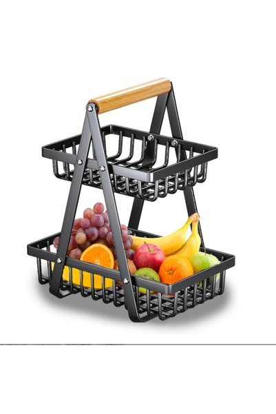 Generic Brand Two-tier storage basket, wooden handle, fruit and vegetable, ca...