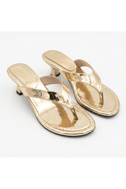 KATEYLER Gilda Gold Yellow Metallic Mirrored Low Goblet Heel Daily Stylish Women's Slippers Women's Sandals