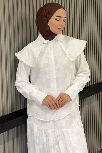 TOZLU Cream Collar Detailed Patterned Hijab Shirt