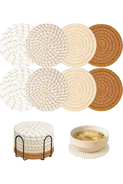 Generic Brand Set 8 suporturi țesute,pahare și oale,cu suport,khaki,maro,bumbac