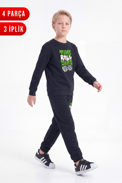 FYK KİDS 3 Thread Printed Boys' Double Pocket Crew Neck Sweatshirt Set