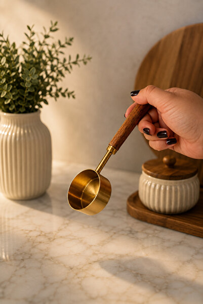 Gülümseten Avm 4’lü Ahşap Saplı Gold Ölçü Kabı Seti – 60/80/125/250 ml Paslanmaz Çelik Cup Ölçek Seti