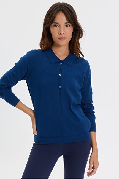 Desen Triko Women's Polo Collar Knitted Sweater with Front Knitting Y.A Navy ...