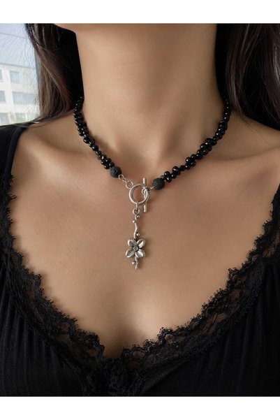 Yağmur Women's Natural Stone and Pearl Necklace with Rose Pendant Halloween Gothic Rock Style Black Gift Necklace Jewelry Accessory Valentine's Day Birthday Mother's Day New Year Christmas Necklace