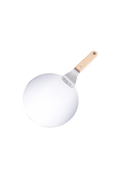 Generic Brand Paletă pizza din inox, 25 cm, rotundă, cu mâner din lemn, pentr...
