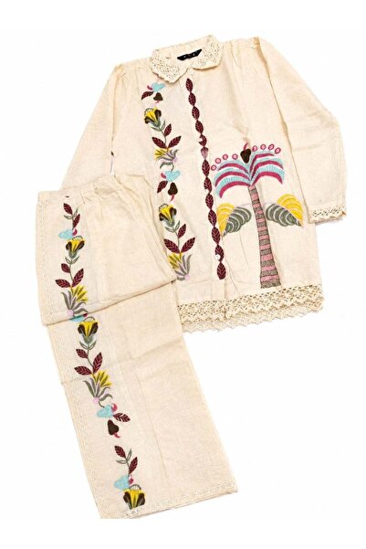 Generic Women's Pure Linen Cord Set with Floral Embroidery - Off White