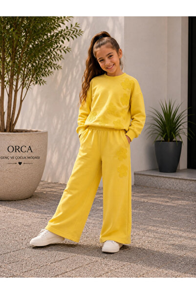 nk kids Kız Çocuk Çiçek Aplikeli 2li Kışlık Takım Sarı (4-8 yaş)
