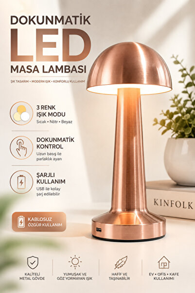 MATECHNO Şarjlı Dokunmatik LED Masa Lambası 3 Renk Işık Modlu Parlaklık Ayarl...