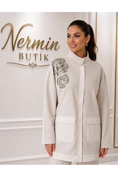 Genel Markalar Büyük beden Modal kumaş boncuk işlemeli tunik ceket