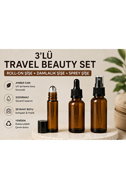 3'lü Travel Beauty Set 10 ml Roll-On, 30 ml Damlalık, 30 ml Sprey Amber Cam Seyahat Seti