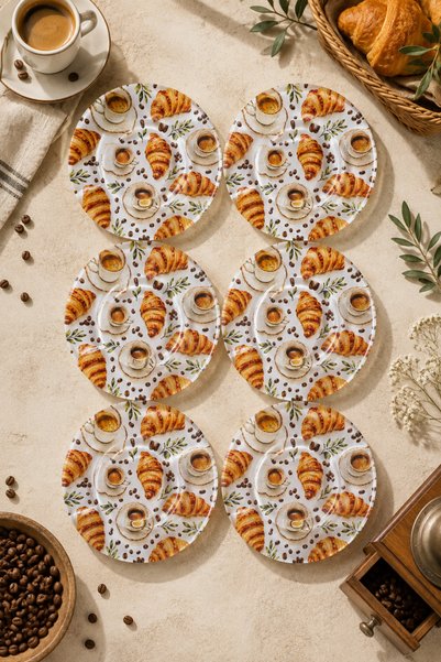 Ahenk Ev&Sofra Set of 6 Glass Tea Plates - Coffee & Croissant Patterned 12 cm...