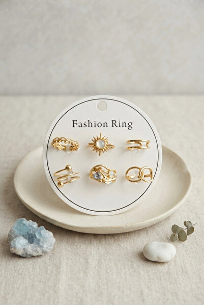 shopwave Gold Color Brass Sun Detailed Ring Set of 6 Byk4313