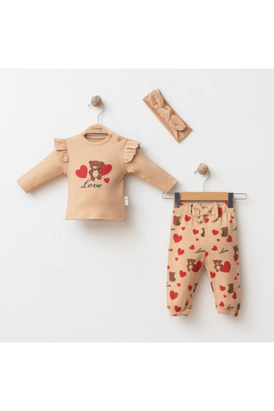 DIDuStore Coşay Baby Girl 6-9-12 Months Bear Printed 3-Piece Set