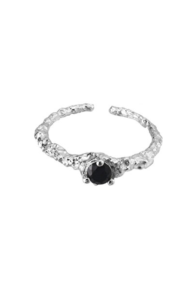 Peach Jewelry Δαχτυλίδι Ισαβέλλα Ασήμι 925 Ρόδιο Με Μαύρο Κρύσταλλο