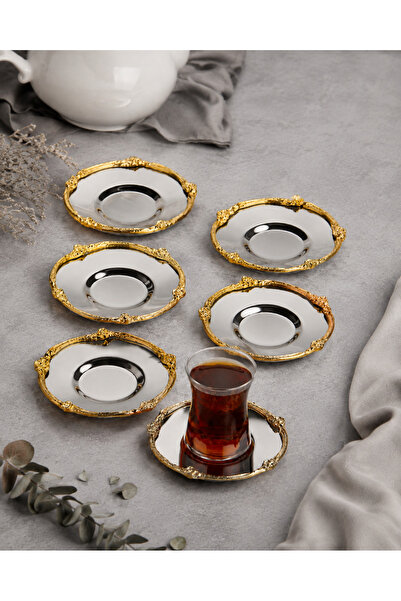 Aslı Hediyelik 6 Adet Gümüş Paslanmaz Çelik Gold Gül Detaylı Çay Tabağı Barda...