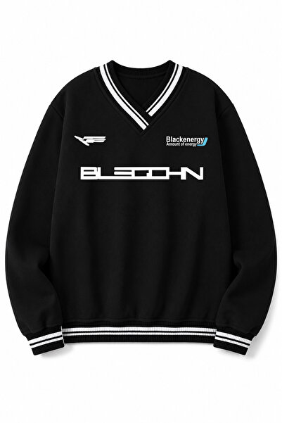 FUWEAR Women's V-Neck Black Energy Y2K Print Detailed Oversize Sweatshirt