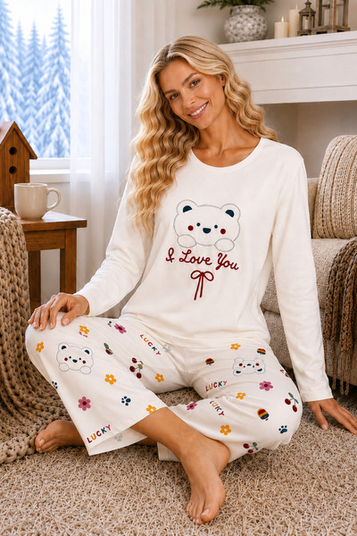 ELİTOL Embroidered Milan Knitted Long Sleeve Round Neck Women's Pajama Set