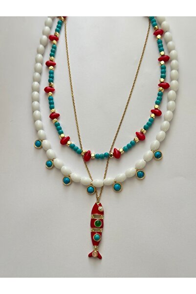 mibrillo 3-Piece Necklace Set with Fish Details, Turquoise Bead Necklace, Tre...