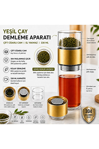 MUZEKO 330ML Çift Katlı El Yakmayan Isıyı İçinde Tutan Cam Bardak Detox Bitki...