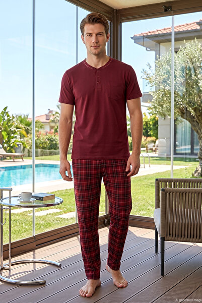 REMSA Men's Short Sleeve Combed Cotton Pajama Set 3140 Claret Red