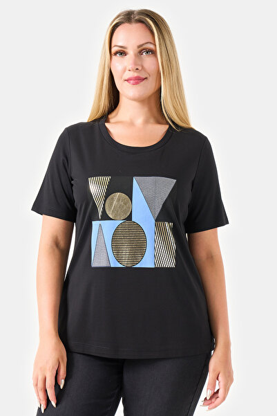 TOLGA SARAÇOĞLU 11018 Black Printed Knitted Blouse with Detail