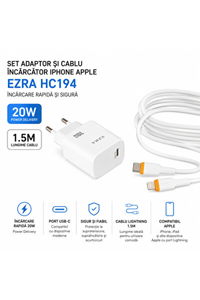EZRA Set încărcător și cablu iPhone Apple 1.5M HC194, încărcare rapidă 20W cu...