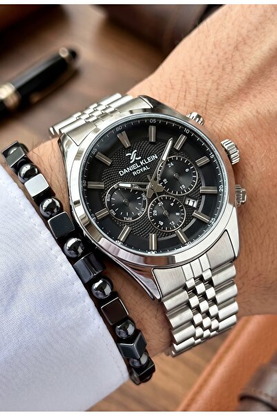 Daniel Klein Royal Men's Watch Bracelet Gift Set - Silver Color Steel Band Bl...