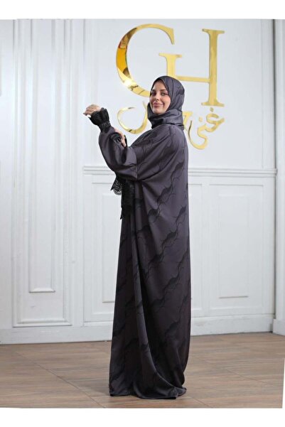 ghina hijab شرشف صلاة غنى حجاب ساتان مجكر - رمادي