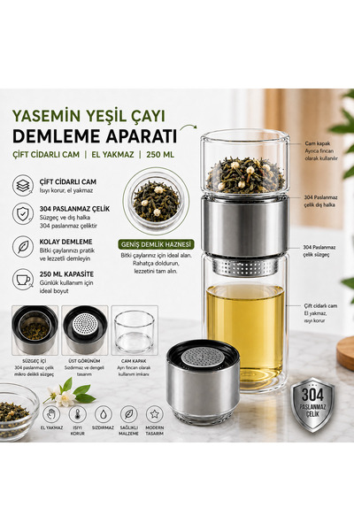 MUZEKO 250ML Çift Katlı El Yakmayan Isıyı İçinde Tutan Cam Bardak Detox Bitki...