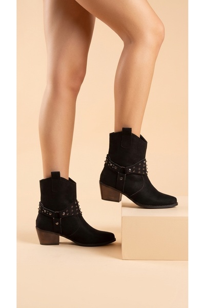 Moda Lime Handmade Pointed Metal Detailed Heeled Suede Women's Short Pull-On ...