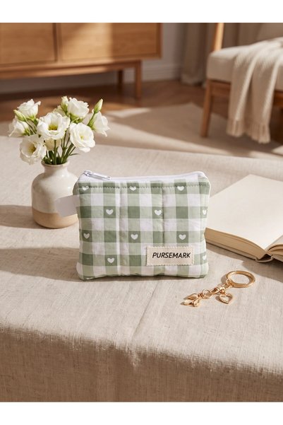 PURSEMARK Green Heart Gingham Patterned Handmade Small Wallet