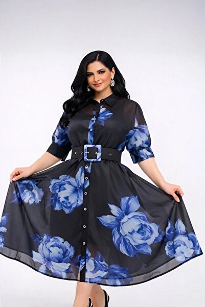 Stylish Fashion فستان من ستايلش فاشن تركي شيفون أنيق أسود بورد أزرق