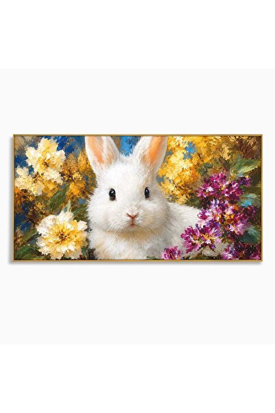 Luxcanva Tablou Canvas Iepure Printre Flori 100x50 cm cu Rama Auriu Iepure Fl...