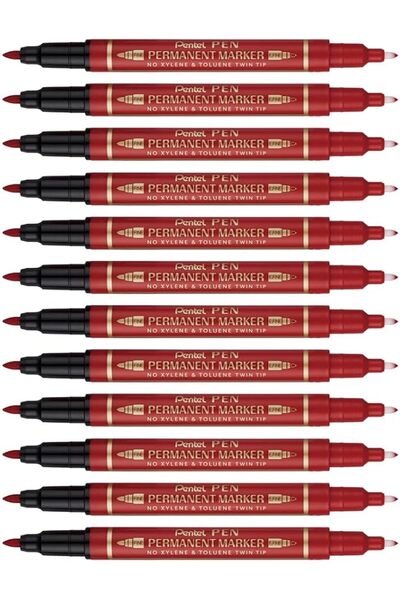 Pentel قلم تحديد دائم N75W برأس مزدوج أحمر - عبوة من 12 قطعة