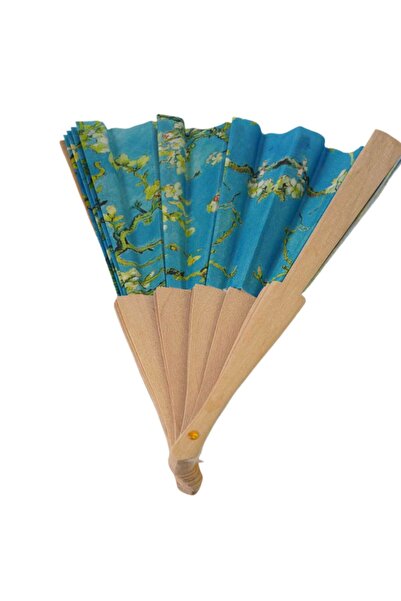 NO BRAND Βεντάλια Χειρός με Blue Blossom Floral σχέδιο υφασμάτινη με ξύλινη β...