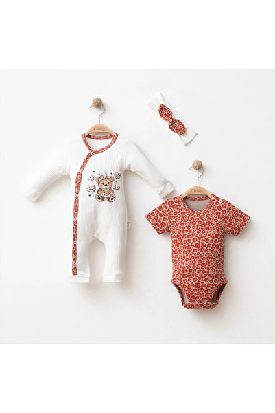 DIDuStore Coşay Baby Girl 3-6-9 Months Leopard Bear Printed Zibin Set