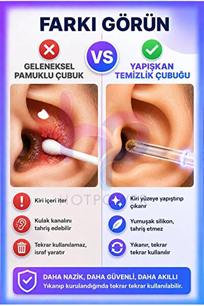 5DM Yapışkan Silikon Uçlu Kulak Temizleme Çubuğu 24'lü Yıkanabilir Tekrar Kullanılabilir Hijyenik Çubuk