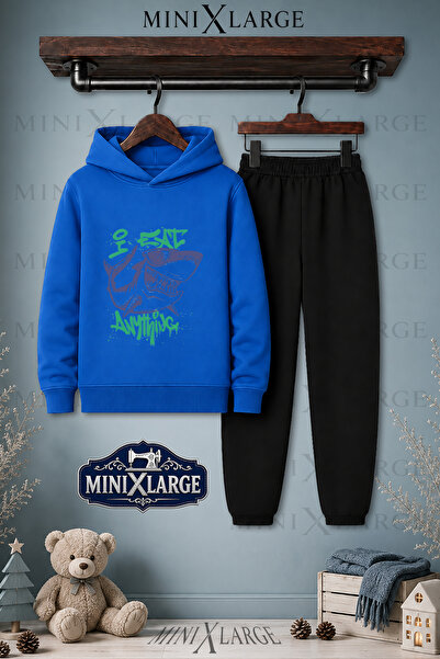 MINIXLARGE Unisex Çocuk Kopek Balik Mor Yesil Yazi Baskılı Kapşonlu Eşofman T...