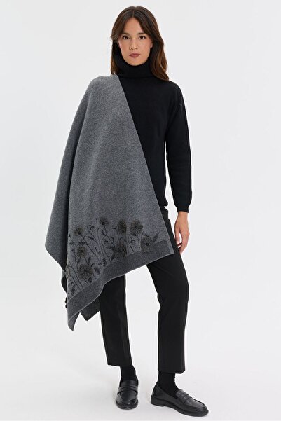 Desen Triko Women's Single-Sided Felted Wool Shawl with Embroidered Flowers a...