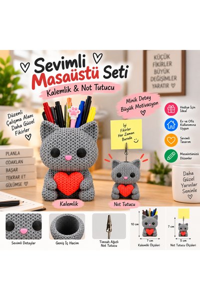 AtikPromosyon3D Örgü Kedi Not Tutucu ve Kalemlik / Sevimli Masaüstü Seti