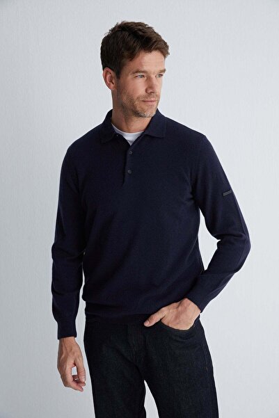 Silk and Cashmere Lacivert Saf Kaşmir Erkek Polo Kazak