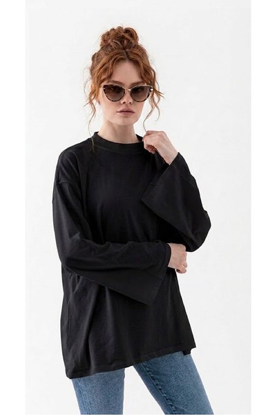 AÇELYA TEKSTİL Long Sleeve Cotton T-Shirt Oversize Wide Sleeve Women's Loose Long Basic T-Shirt