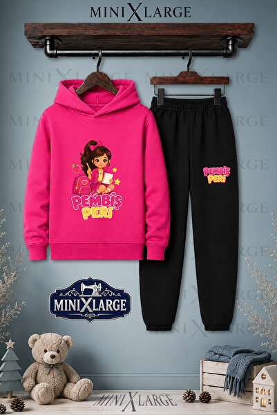 MINIXLARGE Unisex Çocuk Pembis Peri Okul Cantali Baskılı Kapşonlu Eşofman Takımı