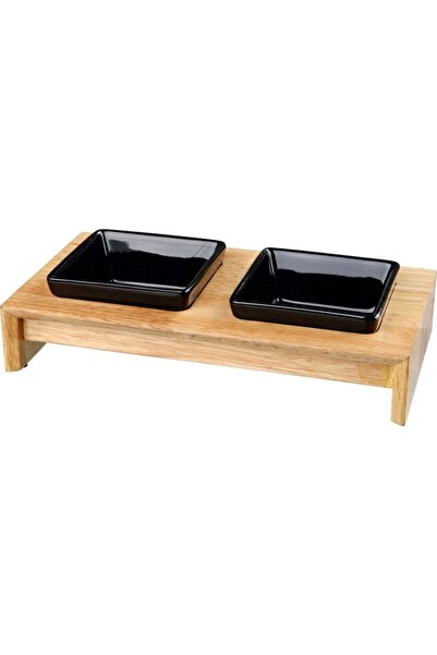 Trixie Set de 2 boluri ceramice cu suport din lemn, Negru/Maro deschis, 2 buc...